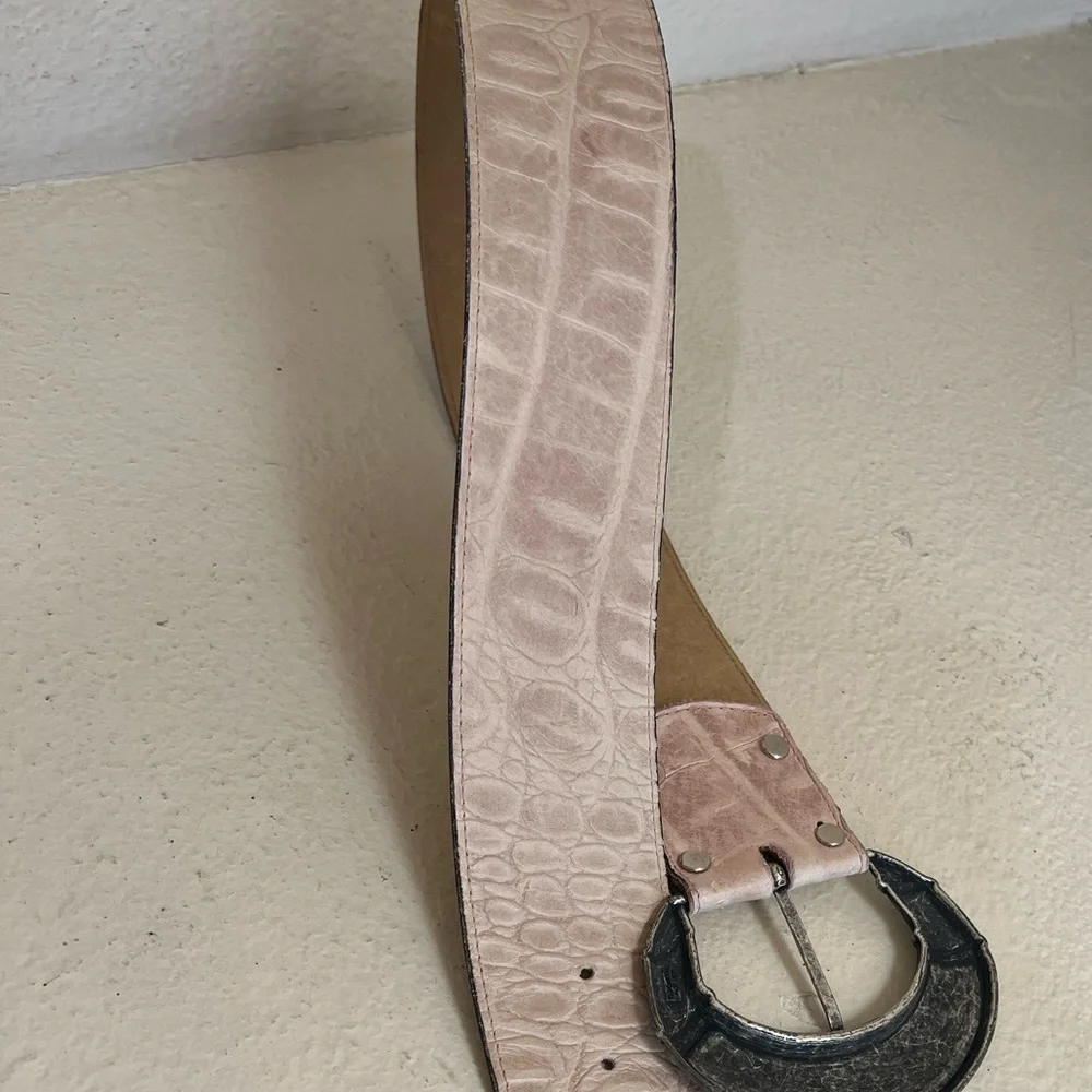 Vintage Beige Leather Wide Waist statement‎ Belt Moc Croc 90s Y2K Womens Small